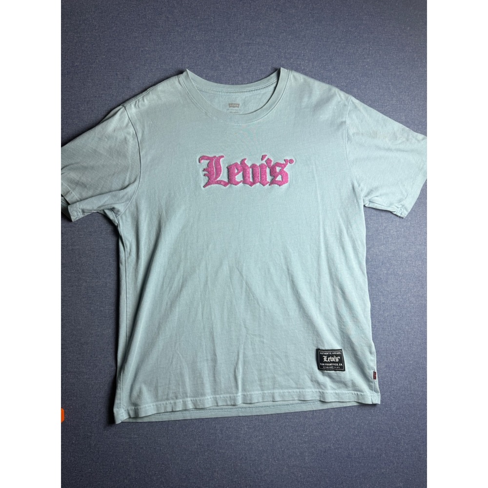 Levis Womens Relaxed Fit T-Shirt Blue Pink Chenille Gothic Logo Tee Small 0210